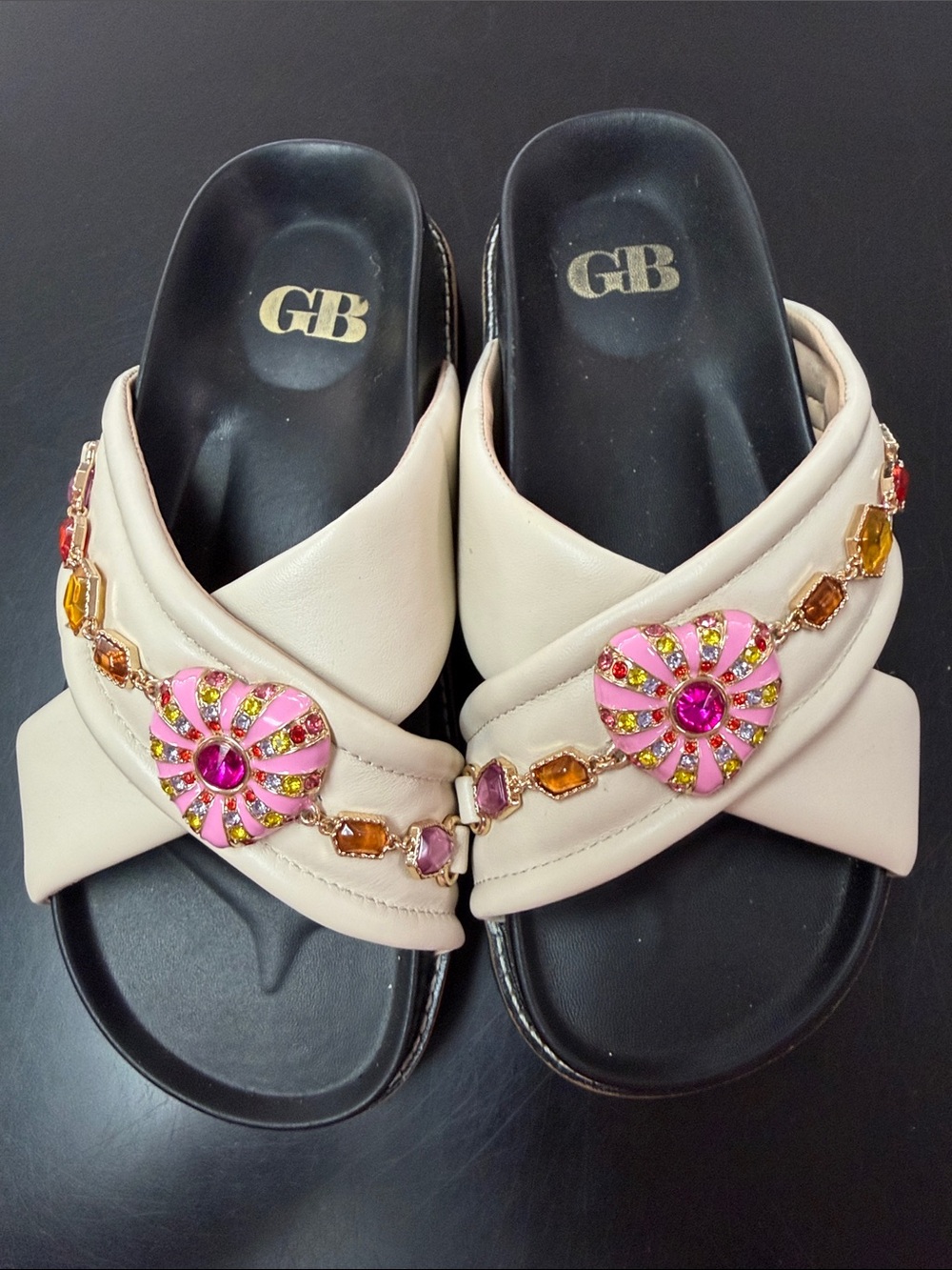 Gianni Bini Cream Slip-On Mules with Pink and Amber Jewel Accents